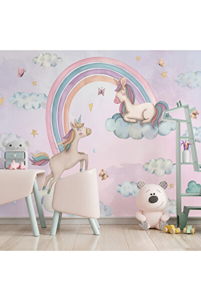 da dekoartizan Suluboya Desenli Unicorn ve Gökkuşağı Çocuk Odası Duvar Kağıdı