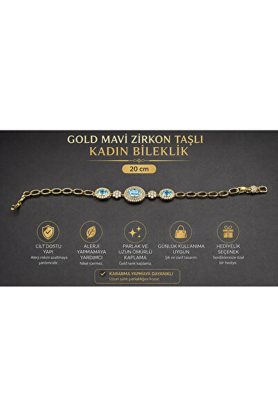 Gold Mavi Zirkon Taşlı Oval Detaylı Kadın Bileklik – 17 + 2cm