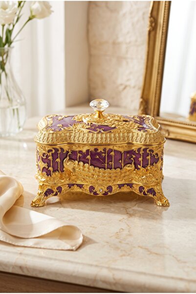 RASHA COLLECTION Purple Vintage Embossed Embroidered Jewelry Box with Gold De...
