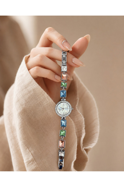 Generic Brand Women's Silver Color Stone Bracelet Watch Colorful Crystal Ston...