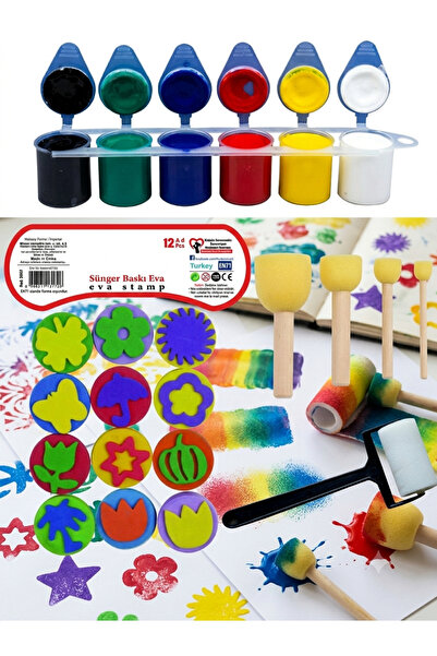 Palet Sanat Parmak Boyası, 4li Ponpon, Eva Baskı, Sünger Rulo Fırça, Çocuk Bo...
