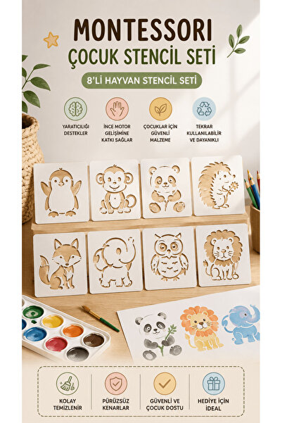 Major Hobi Montessori 8li Hayvan Figürlü Çocuk Boyama Stencil Seti 6,5x7,5 cm...
