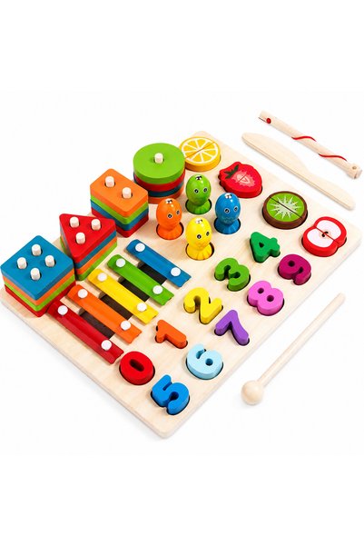OEM Jucărie multifuncțională Montessori 5 în 1 din lemn – xilofon, joc de pes...