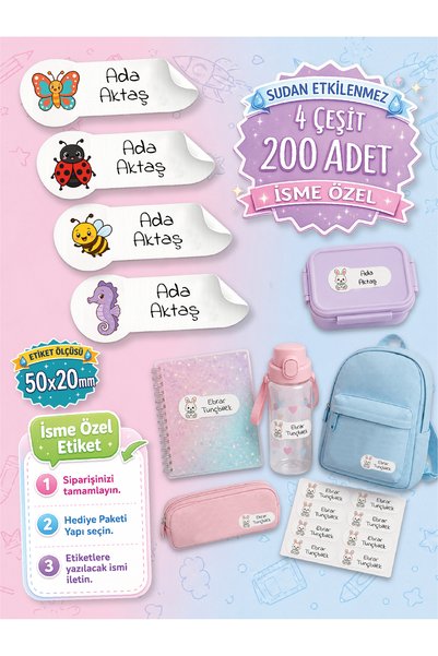 esatoys Kişiye Özel Sevimli Canlılar İsim Etiketi – 200 Adet, Suya Dayanıklı