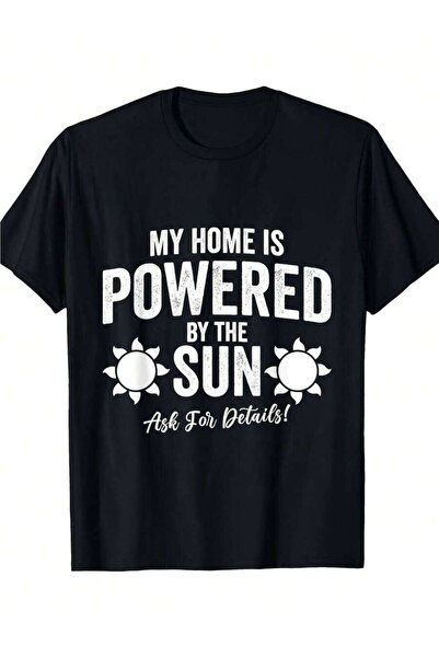 NOURAM تي شيرت My Home Is Powered By The Sun أسود مع رسومات شمسية بيضاء، برقب...