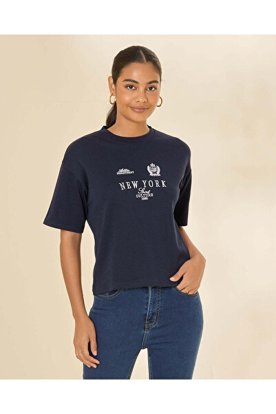 REDTAG Women Navy Embellished T-Shirt