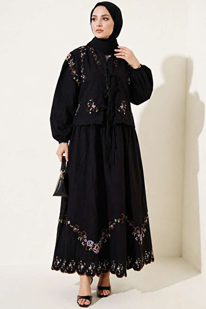 Lavanta Tekstil Floral Embroidered Linen Skirt Double Set