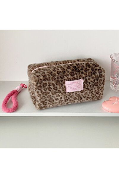 Choice1 B Plush Pink Color Leopard Print Schoolgirl Makeup Bag Large Cosmetic...