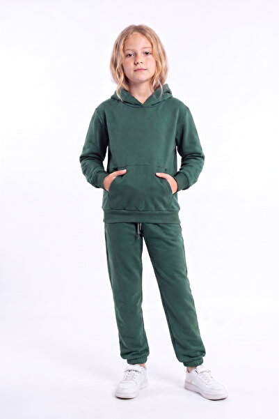 FYK KİDS Girl's Plain Kangaroo Pocket Hooded Tracksuit Set