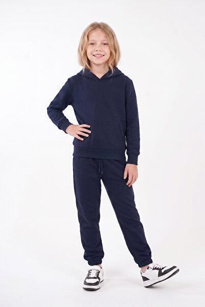 FYK KİDS Girl's Plain Kangaroo Pocket Hooded Tracksuit Set