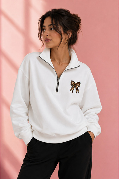 Jooy Leopar Fiyonk Baskılı Yarım Fermuarlı Dik Yaka Sweatshirt