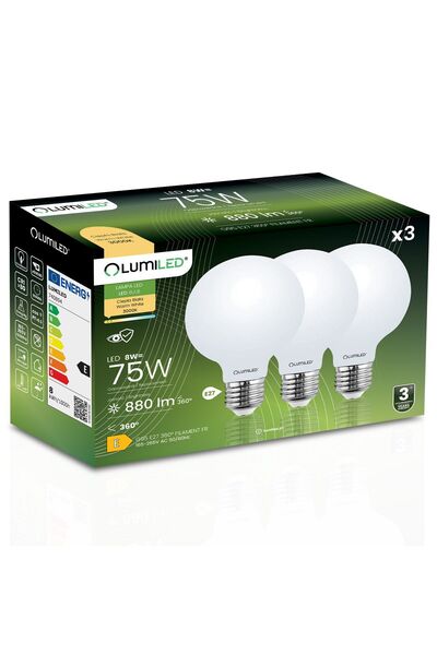 Lumiled 3x Bec LED E27 Sferă G95 8W = 75W 880lm 3000K Cald 360 °   FILAMENT