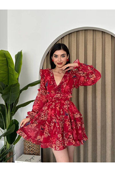 Clothes Fast Women's Red Mini Dress V-Neck Floral Patterned Ruffled Backless ...