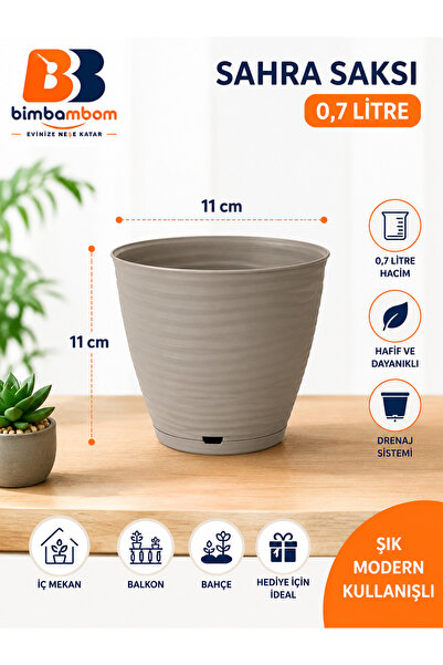 bimbambom Plastik Saksı, 0,7litre Tabaklı Drenaj Delikli Plastik Çiçek Saksıs...