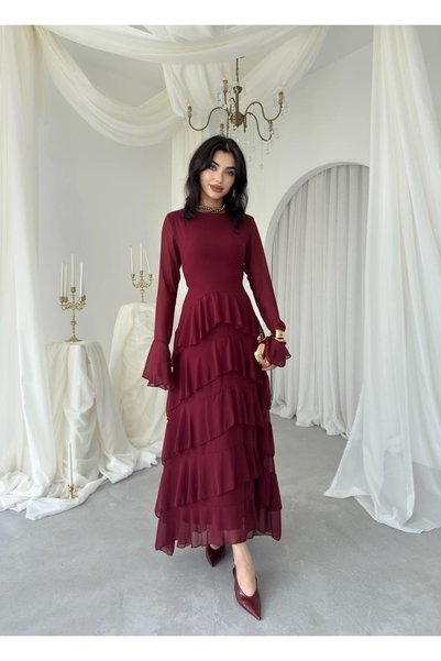 Clothes Fast فستان نسائي متوسط الطول باللون العنابي، ياقة دائرية، أكمام شفافة، طبقات متعددة، أطلس مكشكش