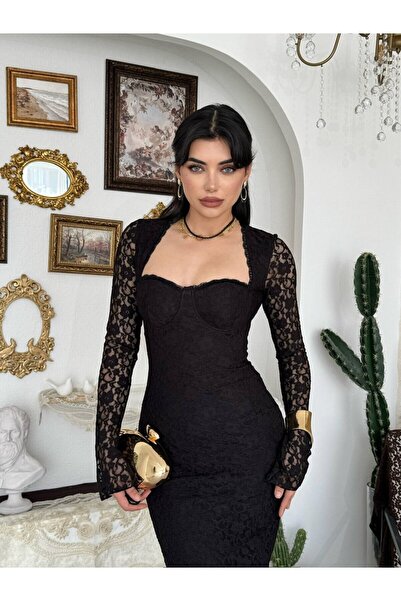 Moda Days Women's Black Lace Midi Dress with Heart Collar, Long Sleeves, Fitt...