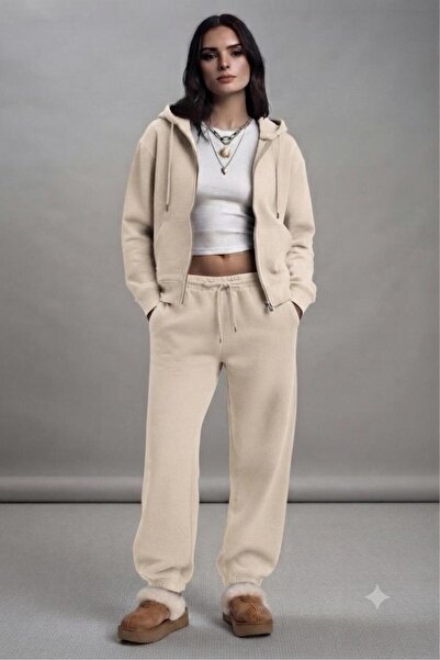 CAST COLLECTİON Women's Beige Embroidered Cotton Jacket and Sweatpants Set