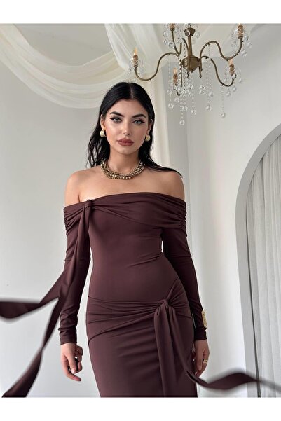 Clothes Fast Rochie de damă maro, cu mânecă lungă, cu decolteu bărcuță, drapa...