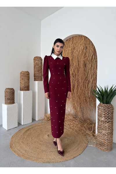 Moda Days Women's Burgundy Pearl Detailed Contrast Collar Balloon Sleeve Midi...