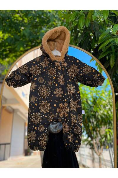 sarena Kar Tanesi Desenli Siyah Kışlık Bebek Kozmonot Mont Tulum (Welsoftlu)