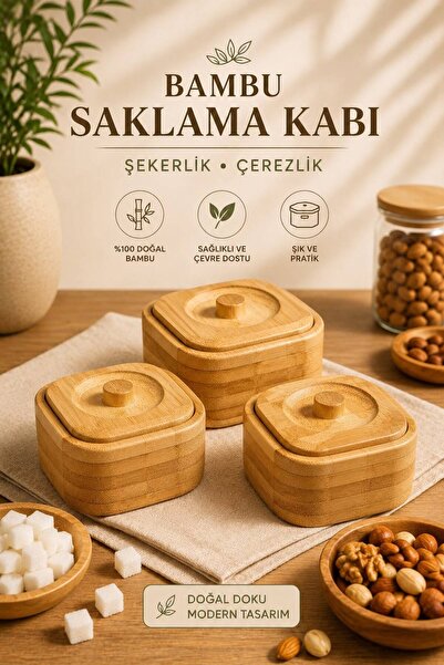 HAZARPAZAR 3'lü Kapaklı Kare Bambu Çerezlik Seti - Kahve Yanı Sunum Kasesi Su...