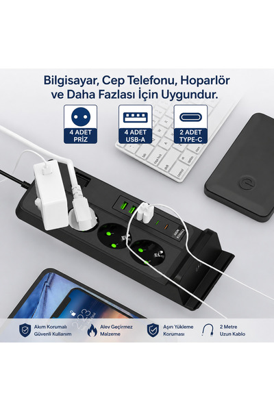 SMAYLİNG 4'lü Akım Korumalı Masaüstü Priz | 4 USB-A + 2 Type-C Hızlı Şarj | Kablosuz Şarj Standlı | 2 Metre Kablolu Çoklu Priz
