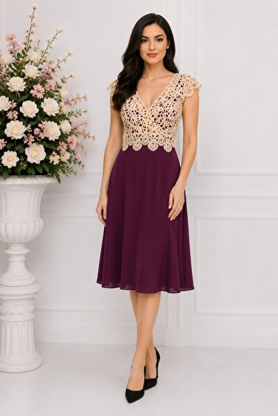 OEM Rochie midi de ocazie, masura mare, mov cu dantela aurie
