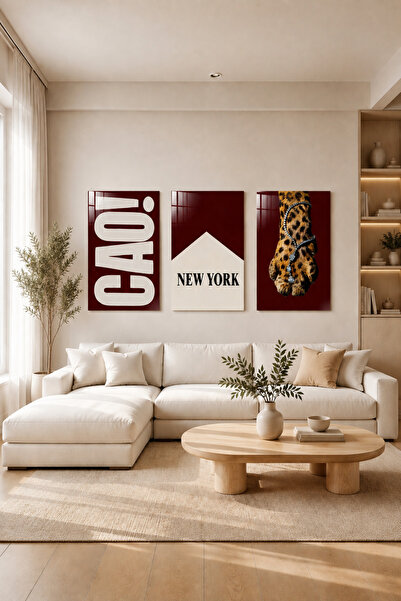 NERZEN HOME Bordo – Krem 3'lü Premium Dekoratif Cam Tablo