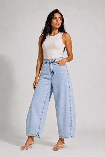 SHEVEGA Women's Ice Blue High Waist Short Leg Baggy Jean Denim Pants