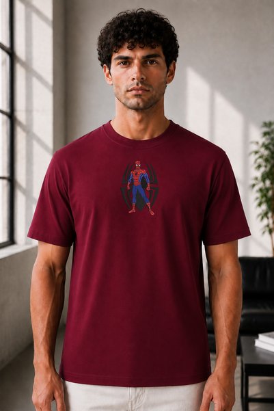 FAUNION Unisex Oversize Embroidered Triple Spider-Man Design 100% Cotton T-Shirt