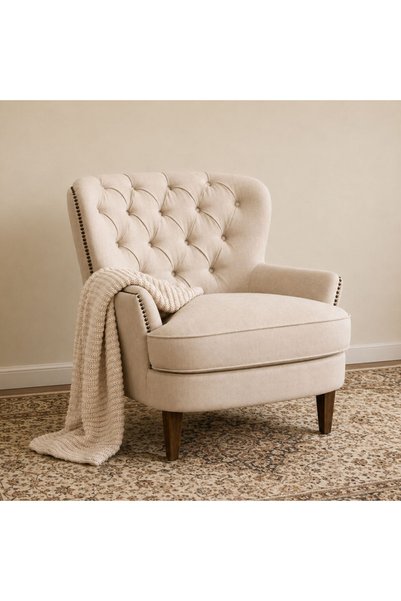 homejoyz كرسي بذراعين قماش مخمل وخشب سويدي – مارفل – بيج – 90×80×90 سم