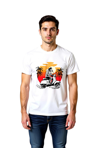 PayBuy Men's Retro Scooter Printed T-Shirt 100% Cotton Sunset Motif Vintage C...