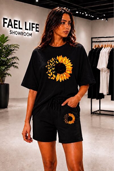 FAEL LİFE Unisex Wide-Fit T-Shirt and Shorts Set with Sunflower Print