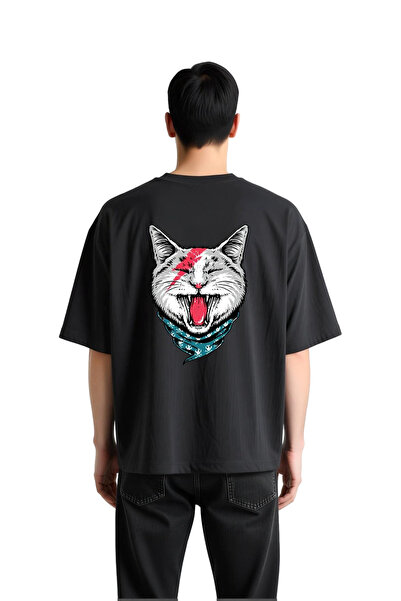 PayBuy Men's Oversize T-Shirt Cat Bandana Lightning Printed Relaxed Fit Casua...