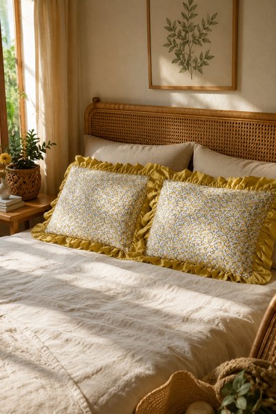 Attolya Pillowcase 2Pcs Ruffled 100% Quality Cotton Bedding Set with Convenient Hidden Zipper Bohemian Rural Vibe