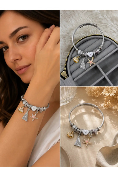 Bozhi Starfish and Seashell Accessory Detailed Women's Bracelet Business Stee...