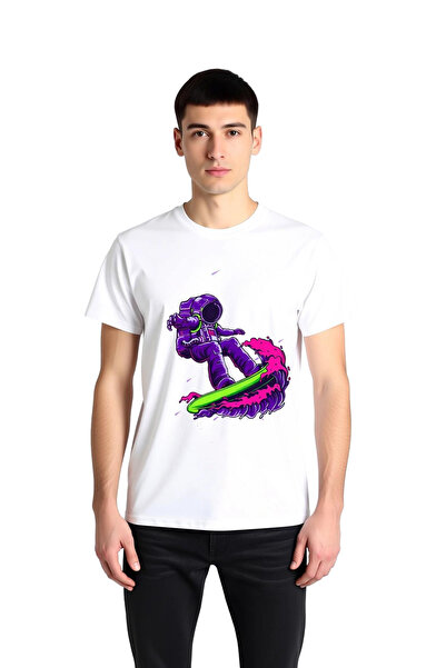 PayBuy تي شيرت رجالي مطبوع عليه Space Surfer على شكل موجة نيون