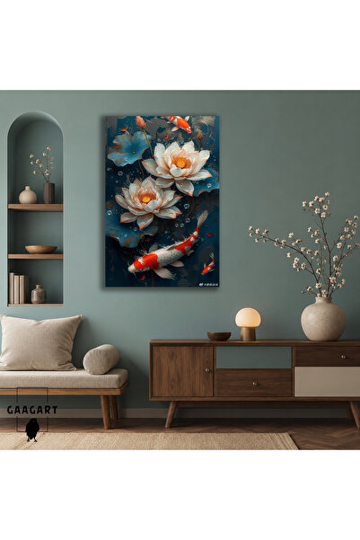 GAAGART Tekli Dikey Kanvas Tablo Koi Balıkları ve Beyaz Lotus Çiçekleri Uzak ...