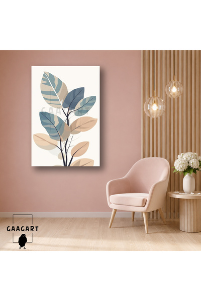 GAAGART Tekli Dikey Kanvas Tablo Mavi Bej Yapraklar Minimal Modern Botanik Dekor