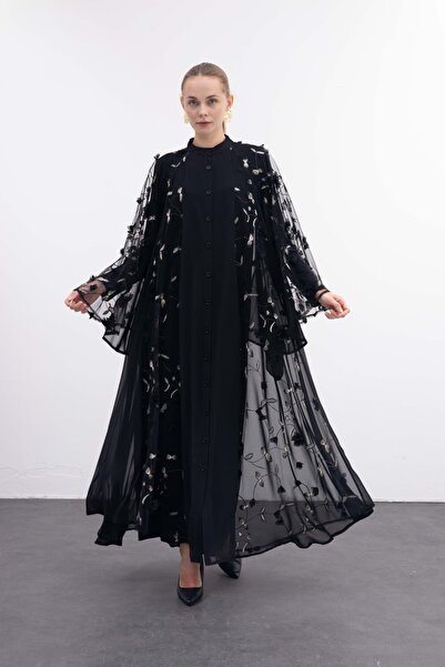 Kabartmalı Çiçek Desenli Düğmeli Şifon Abaya Elbise