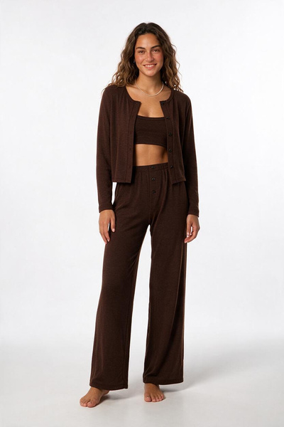 AQUELLA Knitted Bitter Brown 3-Piece Pajama Set