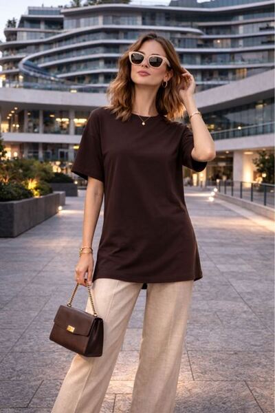 Moda Days Women's Coffee Color Crew Neck Short Sleeve Long T-Shirt with Ribbe...