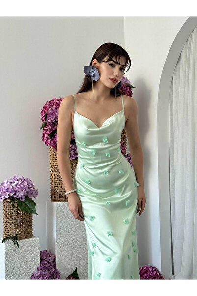 Moda Days Women's Green Midi Dress with Straps, Degaje Collar, Floral Appliqu...
