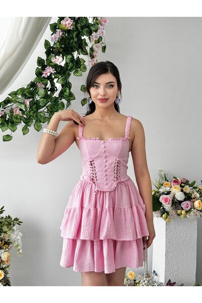 Clothes Fast Women's Pink Mini Dress with Strappy Bodice Detail and Layered R...