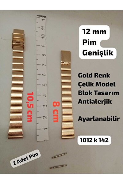 Brality 12 mm Uyumlu Kol Saati Kordonu , GOLD Renk Blok Model , Çelik Kaplama...
