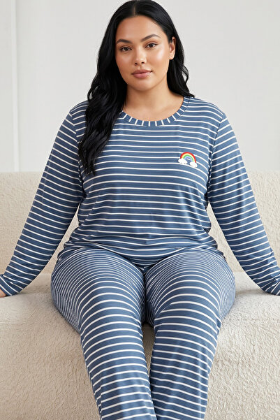 Siyah İnci Indigo White Line Patterned Large Size Oversized Viscose Knitted P...