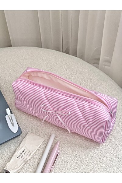 Lulishop Pink Striped Quilted Pen Holder – Multi-Purpose Fabric Pencil Case a...