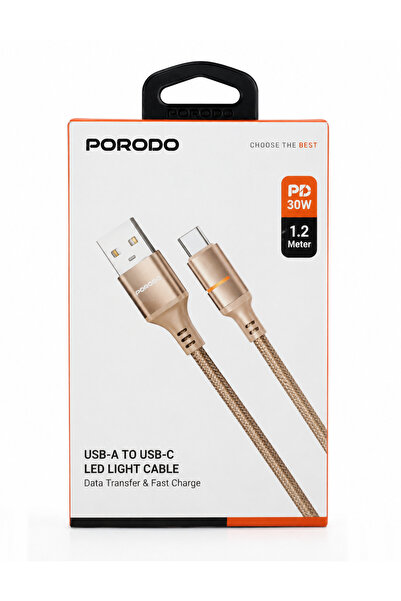 porodo USB to USB-C LED Fast Charging Cable 30W PD, Nylon Braided, 1.2M, Beige