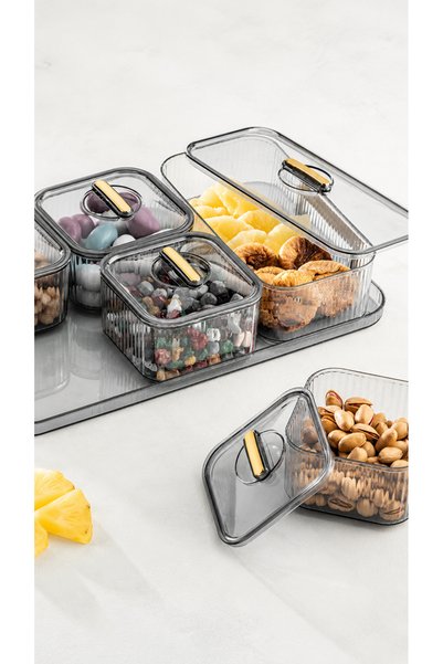 Destpak 5-Piece Breakfast Set with Tray - Snack Bowl Set - Breakfast Set with Lid - Black Transparent Container with Tray - Bowl with Tray and Lid