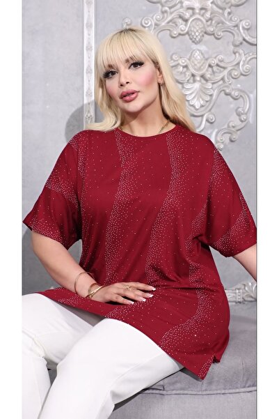 Mandolin Kadın Büyük Beden Taş İşlemeli Kırmızı Tunik / T-Shirt